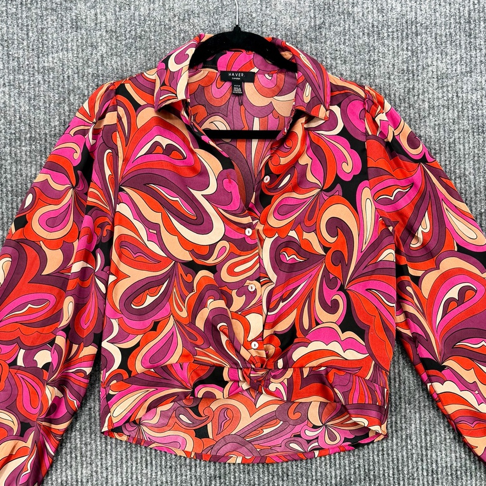 Y2K 70s Psychedelic Swirl Crop Top Pink Orange Retro Tie‎ Front XS